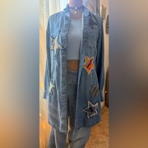 Handmade Hi/Low light denim duster with handmade patches.